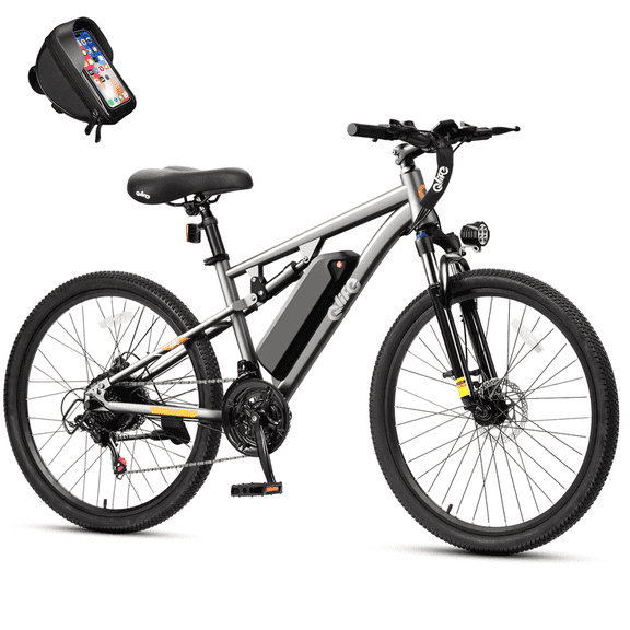 Qlife Racer 27.5 Inch Electric Bicycle for Adults, Full Suspension 21-Speed Mountain Ebike with More Than 1200W 28MPH Brushless Motor,(Gray) with Phonebag