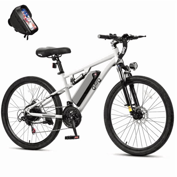 Qlife Racer 27.5" Electric Bicycle for Adults, Full Suspension 21-Speed Mountain Ebike with 500W Brushless Motor, 48V 10.4AH Removable Battery Max 28mph,(White) with Phonebag