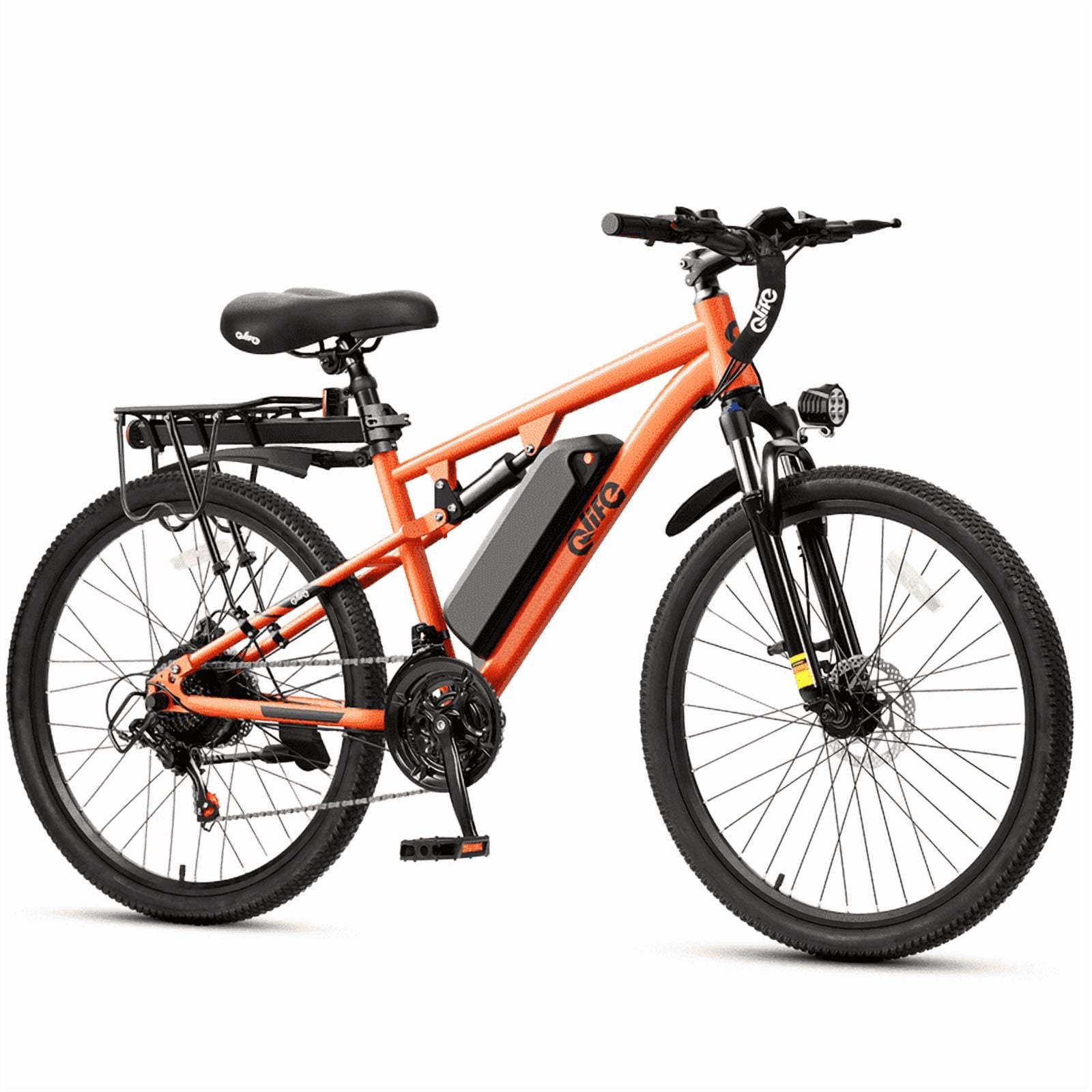 Qlife Racer 27.5 Inch Electric Bicycle for Adults, Full Suspension 21-Speed Mountain Ebike with Peak 1200W 28MPH Brushless Motor, 48V10.4Ah, (Orange) with Fender & Rear Rack