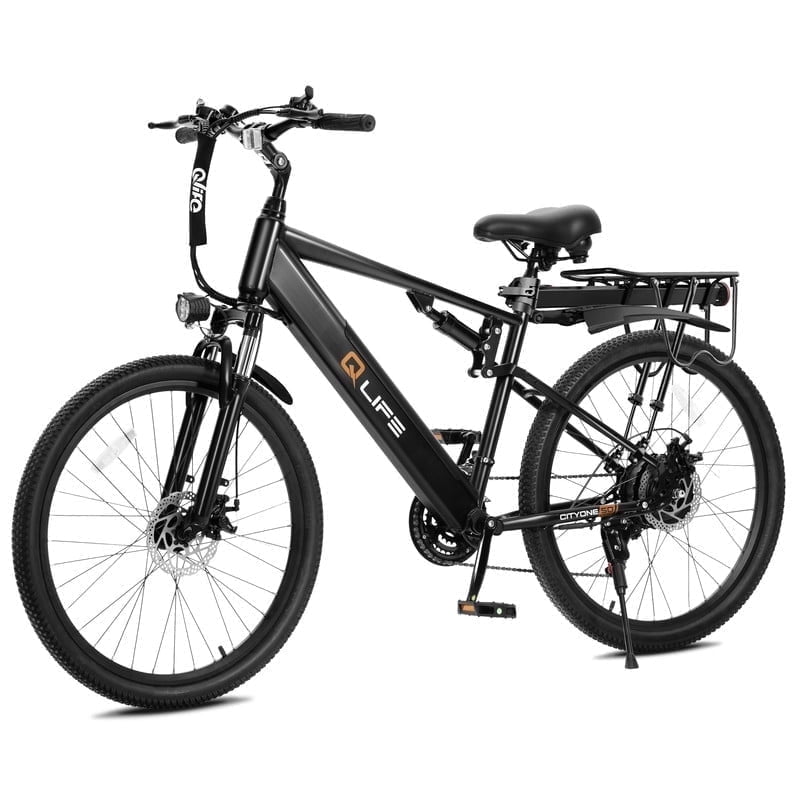 Qlife Cityone SO Electric Bike for Adults 26" Ebike,Full Suspension Peak 1200W Motor Ebikes with 21 Speed Carbon Steel Mountain Bicycle(Black) with Fender & Rear Rack