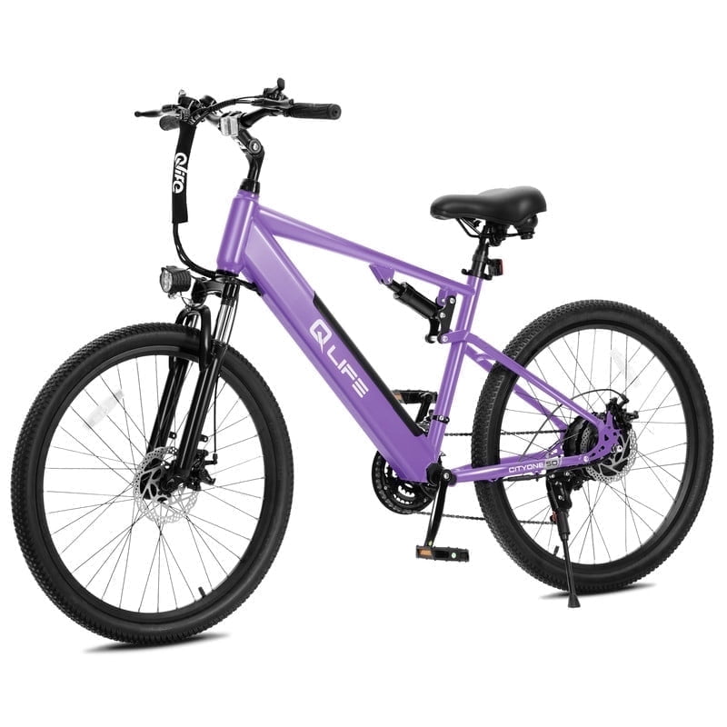 Qlife Cityone SO Electric Bike for Adults 26" Ebike,Full Suspension Peak 1200W Motor Ebikes with 21 Speed Carbon Steel Mountain Bicycle Purple