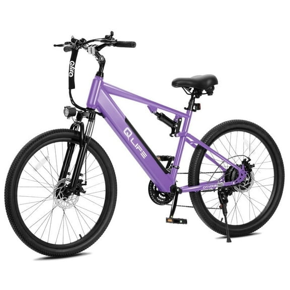 Qlife Cityone SO Electric Bike for Adults 26" Ebike,Full Suspension Peak 1200W Motor Ebikes with 21 Speed Carbon Steel Mountain Bicycle Purple