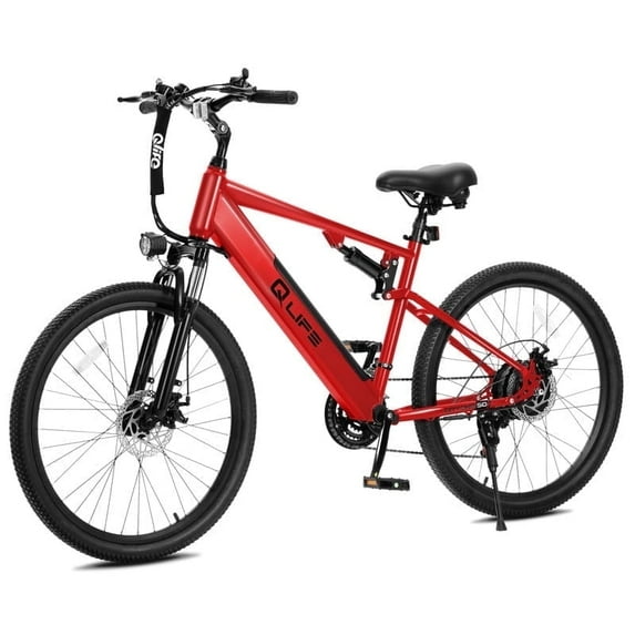 Qlife Cityone SO Electric Bike for Adults 26" Ebike,Full Suspension Peak 1200W Motor Ebikes with 21 Speed Carbon Steel Mountain Bicycle Red