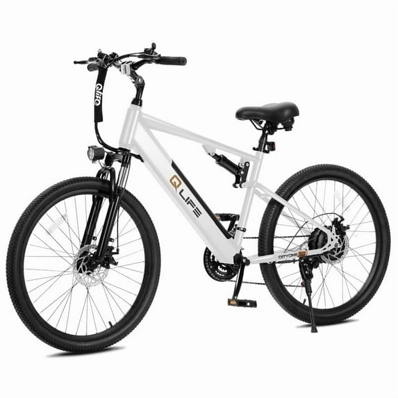 Qlife Cityone SO Electric Bike for Adults 26" Ebike,Full Suspension Peak 1200W Motor Ebikes with 21 Speed Carbon Steel Mountain Bicycle White