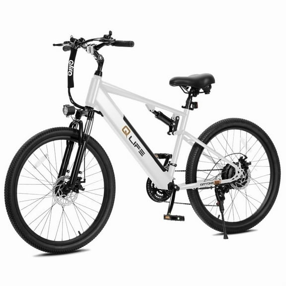 Qlife Cityone SO Electric Bike for Adults 26" Ebike,Full Suspension Peak 1200W Motor Ebikes with 21 Speed Carbon Steel Mountain Bicycle White