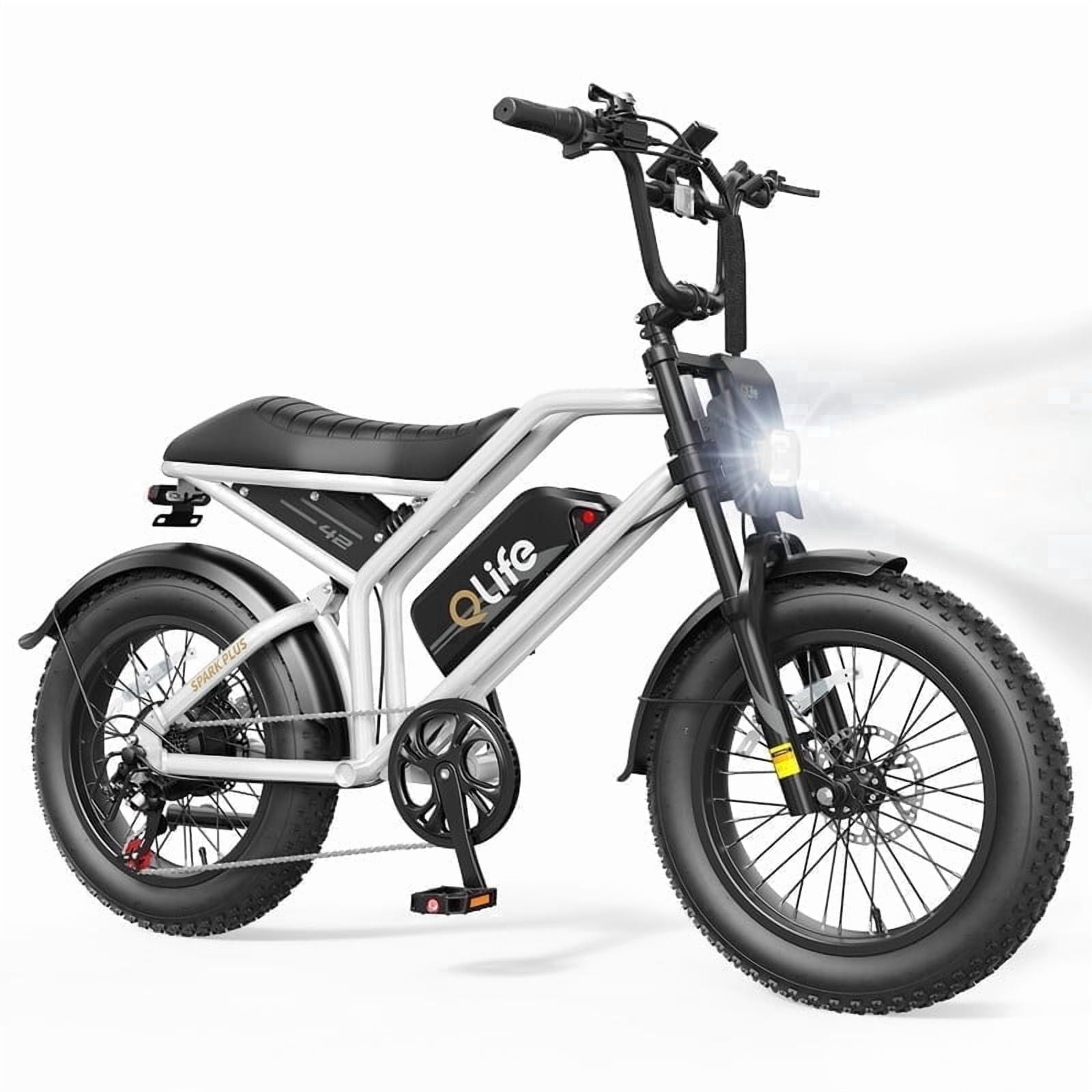 Qlife Spark Plus Electric Dirt Bike for Adults, 1000W Motor 52V 20AH, 28 MPH, 20" Fat Tire Electric Motorcycle with Full Suspension, 7 speed Electric Mountain Bike (Black)