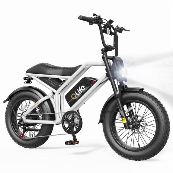 Qlife Spark Plus Electric Dirt Bike for Adults, 1000W Motor 52V 20AH, 28 MPH, 20" Fat Tire Electric Motorcycle with Full Suspension, 7 speed Electric Mountain Bike (White)