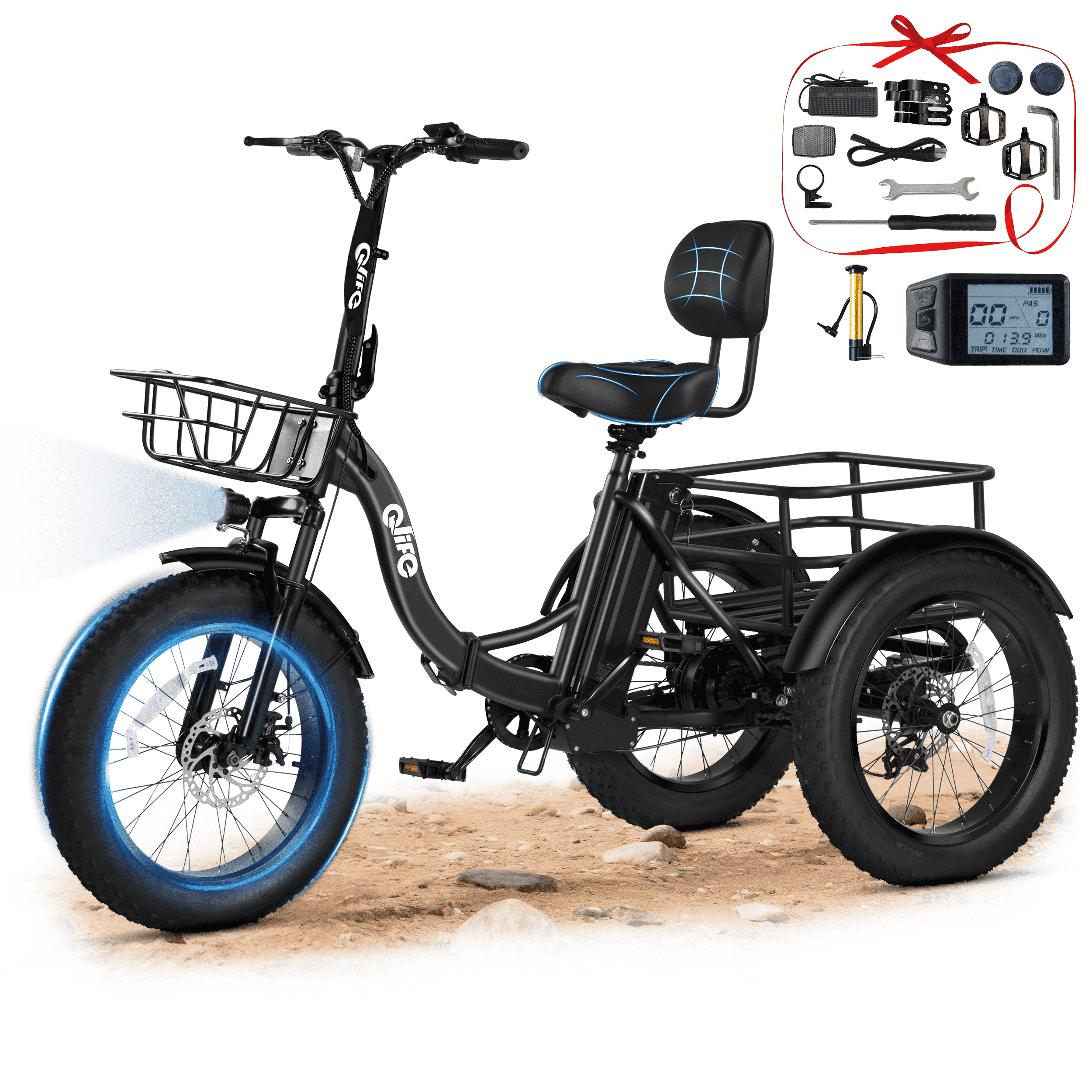 Qlife Triker Plus Electric Bike, Over 750W Brushless Motor Electric Tricycle for Adults, 48V 13Ah, Max 20MPH Up to 65 Miles ，20x4.0 Fat Tire E-Bike（black）