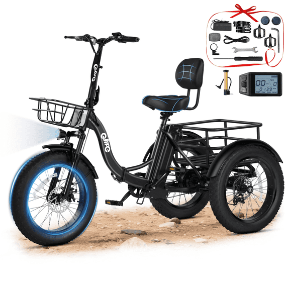 Qlife Triker Plus Electric Bike, 500W Brushless Motor Electric Tricycle for Adults, 48V 13Ah, Max 20MPH Up to 65 Miles ,20x4.0 Fat Tire E-Bike(black)