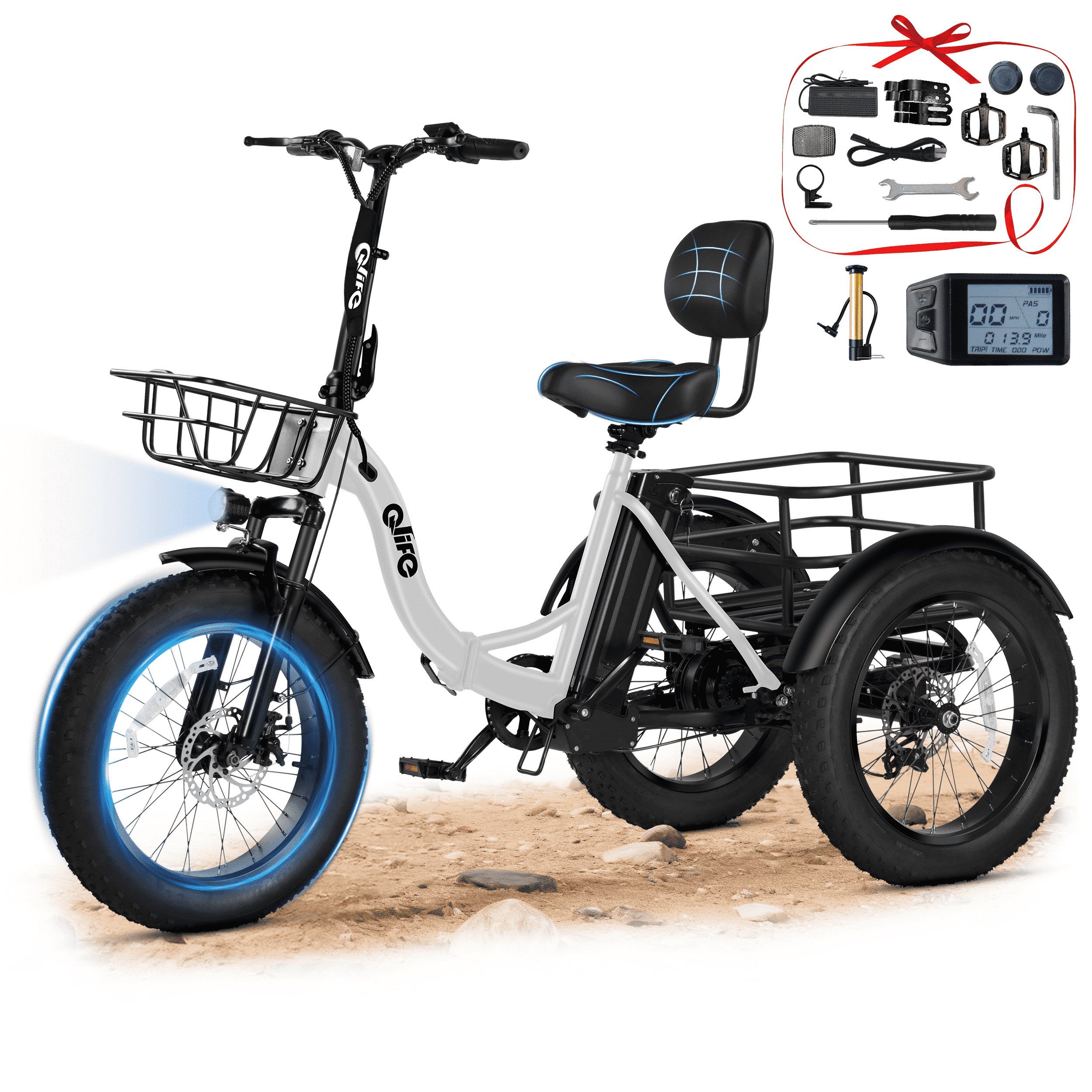 Qlife Triker Plus Electric Bike, Over 750W Brushless Motor Electric Tricycle for Adults, 48V 13Ah, Max 20MPH Up to 65 Miles，20x4.0 Fat Tire E-Bike（white）