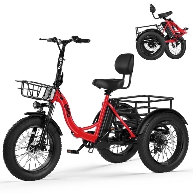 Qlife Triker Plus Electric Bike, Peak 750W Brushless Motor Electric Tricycle for Adults, 48V 13Ah, 20MPH Up to 65 Miles ，20x4.0 Fat Tire E-Bike（red）