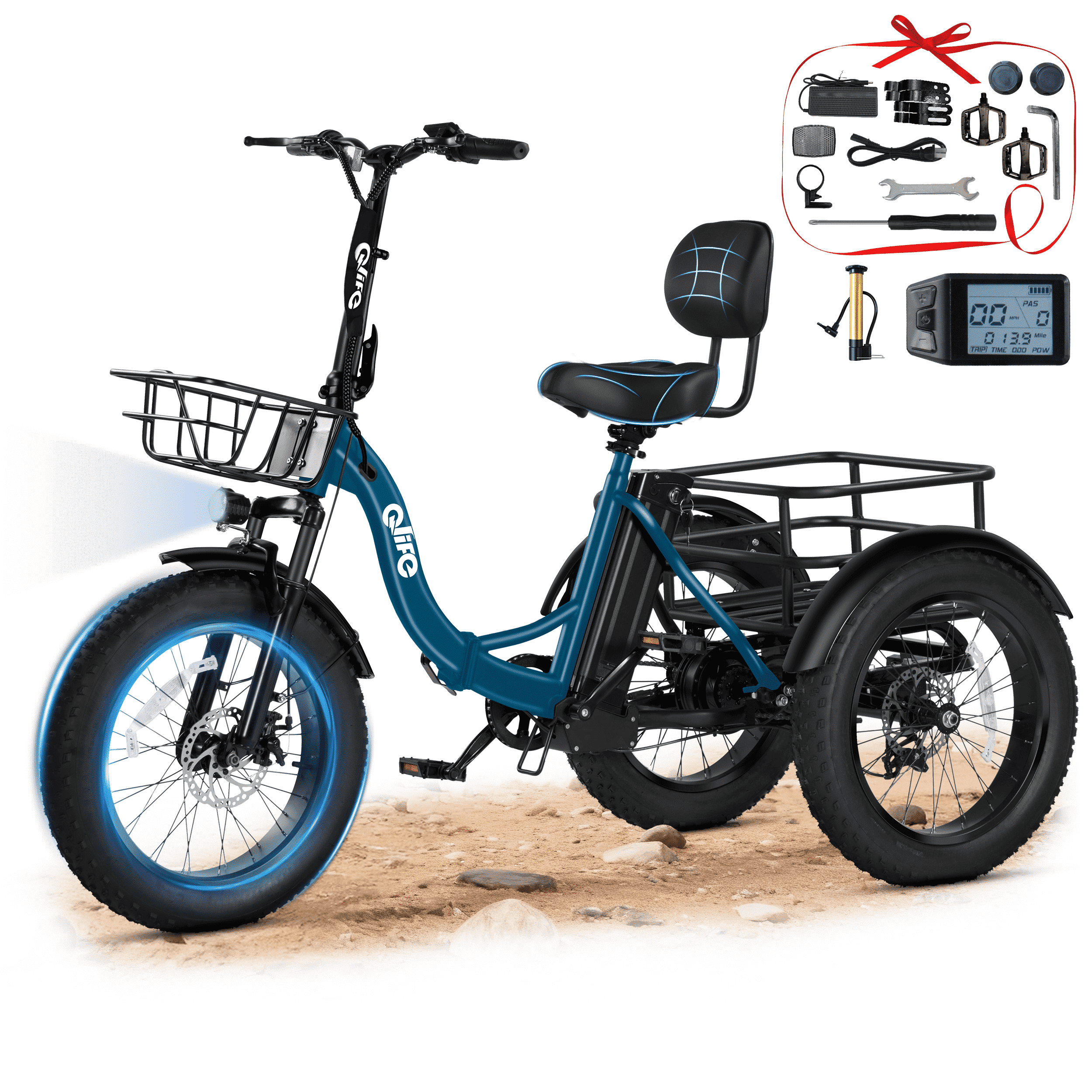 Qlife Triker Plus Electric Bike, Peak 750W Brushless Motor Electric Tricycle for Adults, 48V 13Ah, 20MPH Up to 65 Miles，20x4.0 Fat Tire E-Bike（blue）