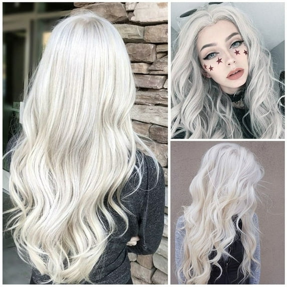 Qliuoazw Women Natural White Long Curly Wig Synthetic Wavy Hair Full Front Heat Wig