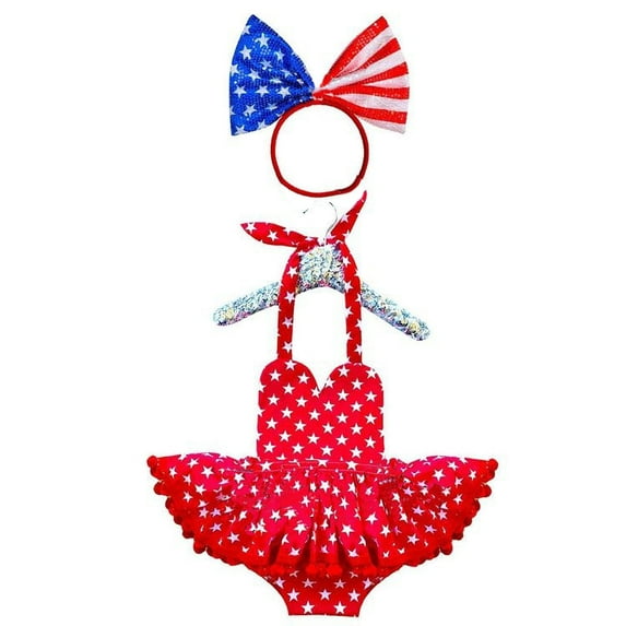Qmyliery 2 Pcs Newborn Independence Day Outfits, Baby Girl Sleeveless Tie Up Pentagram Print Halter Romper with Pompom + Bowknot Headband