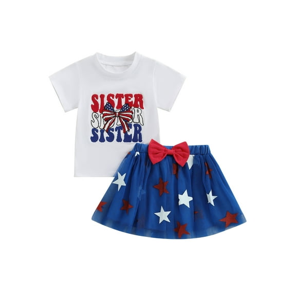 Qmyliery 2-Piece Toddler Girls Set Short Sleeve Letter Bow Pattern Tops Glitter Star Tulle Skirt Independence Day Outfits 6 12 18 24 Months 3 4 Years
