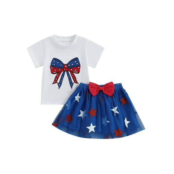 Qmyliery 2-Piece Toddler Girls Set Short Sleeve Letter Bow Pattern Tops Glitter Star Tulle Skirt Independence Day Outfits 6 12 18 24 Months 3 4 Years