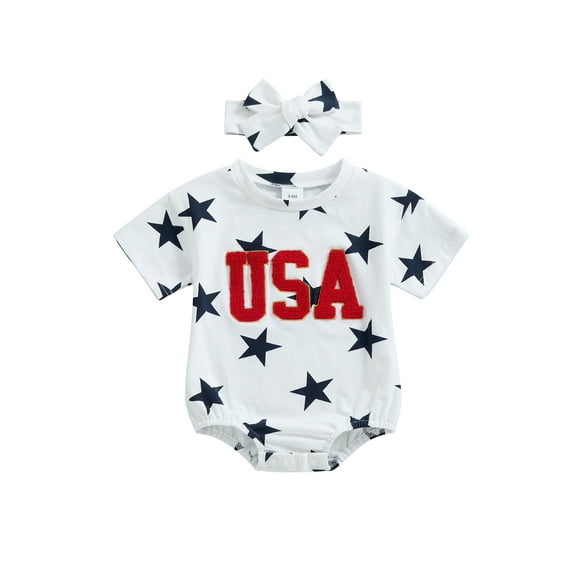 Qmyliery 4th of July Baby Girls Rompers Fuzzy Letter Embroidered Stars Print Short Sleeve Infant Bodysuits Summer Jumpsuits with Headband 3 6 12 18 Months