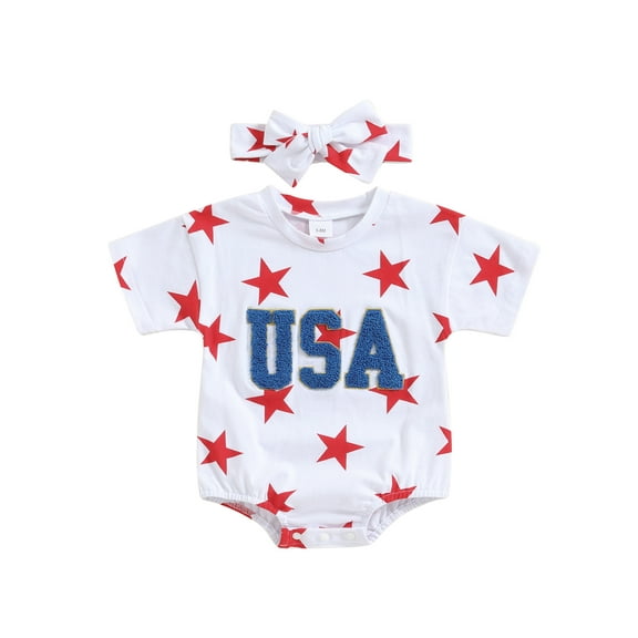 Qmyliery 4th of July Baby Girls Rompers Fuzzy Letter Embroidered Stars Print Short Sleeve Infant Bodysuits Summer Jumpsuits with Headband 3 6 12 18 Months