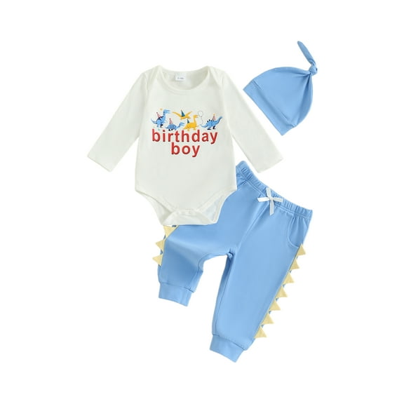 Qmyliery Baby Boy 3 Piece Outfits Fashionable Long Sleeve Round Neck Dinosaur Letter Print Romper Elastic Waist Pants and Hat Set