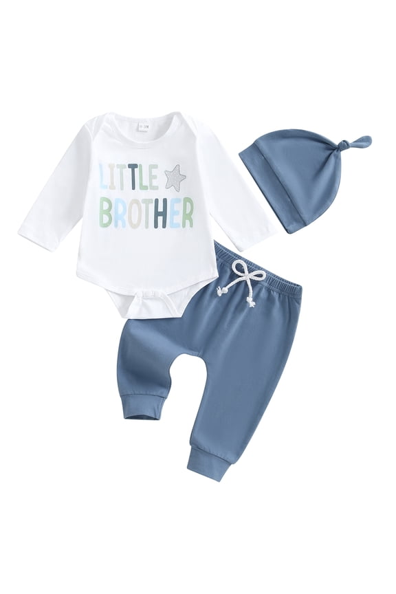 Baby Boy 3Pcs Pants Sets Long Sleeve O Neck Letter Print Romper Solid Color Pants Hat