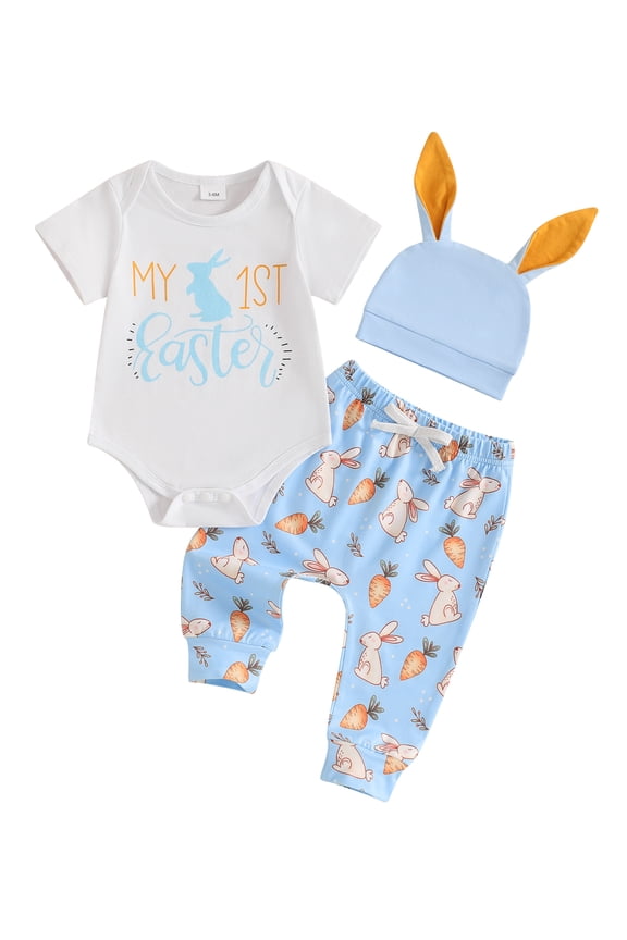 Baby Boy Easter Outfits Letter Short Sleeve Round Neck Romper with Bunny Pattern Pants and Hat 3 Pcs Set 3 6 12 Months