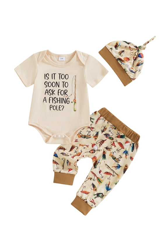 Baby Boy Summer Clothes Letter Print Short Sleeve Romper with Fish Pattern Pants and Hat 3 Pcs Set 3 6 12 18 Months