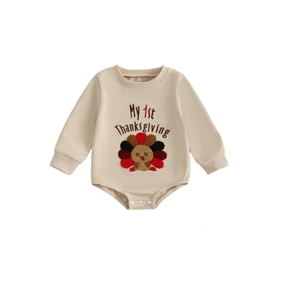 Qmyliery Baby Boy Thanksgiving Sweatshirt Romper Casual Letter Turkey Embroidery Long Sleeve Jumpsuit for Infant