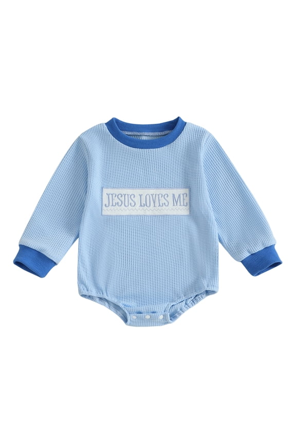 Baby Boys Autumn Bubble Jumpsuit Long Sleeve Round Neck Jesus Letter Embroidery Sweatshirt Romper