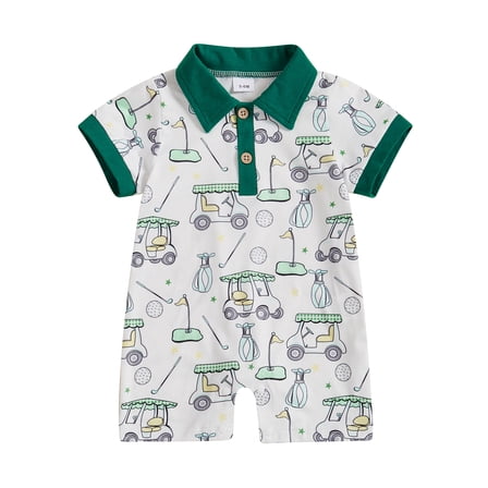 Qmyliery Baby Boys Golf Print Jumpsuit Short Sleeve Turn Down Collar Button Up Casual Romper 3 6 12 18 Months