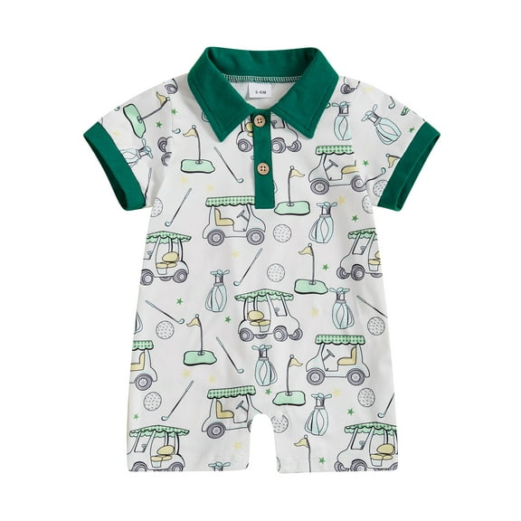 Qmyliery Baby Boys Golf Print Jumpsuit Short Sleeve Turn Down Collar Button Up Casual Romper 3 6 12 18 Months