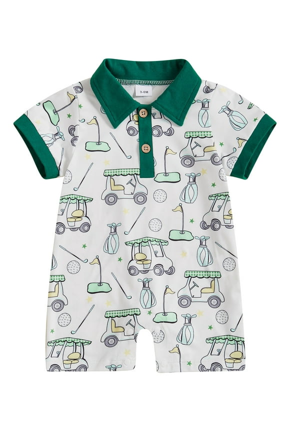 Baby Boys Golf Print Jumpsuit Short Sleeve Turn Down Collar Button Up Casual Romper 3 6 12 18 Months
