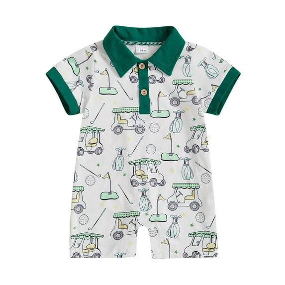 Qmyliery Baby Boys Golf Print Jumpsuit Short Sleeve Turn Down Collar Button Up Casual Romper 3 6 12 18 Months