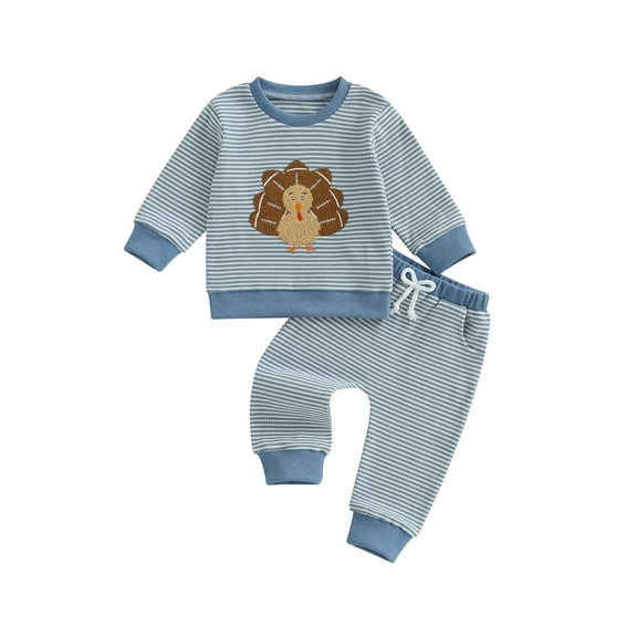 Qmyliery Baby Boys Pants Set, Long Sleeve Embroidery Turkey Sweatshirt with Striped Pants Thanksgiving Clothes