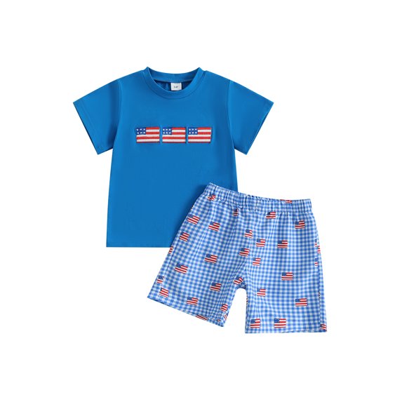 Qmyliery Baby Boys Patriotic Outfits Flag Embroidery Short Sleeves T-Shirt and Elastic Plaid Shorts Set for 2 Piece Clothes Set 3 4 5 6 7 Years
