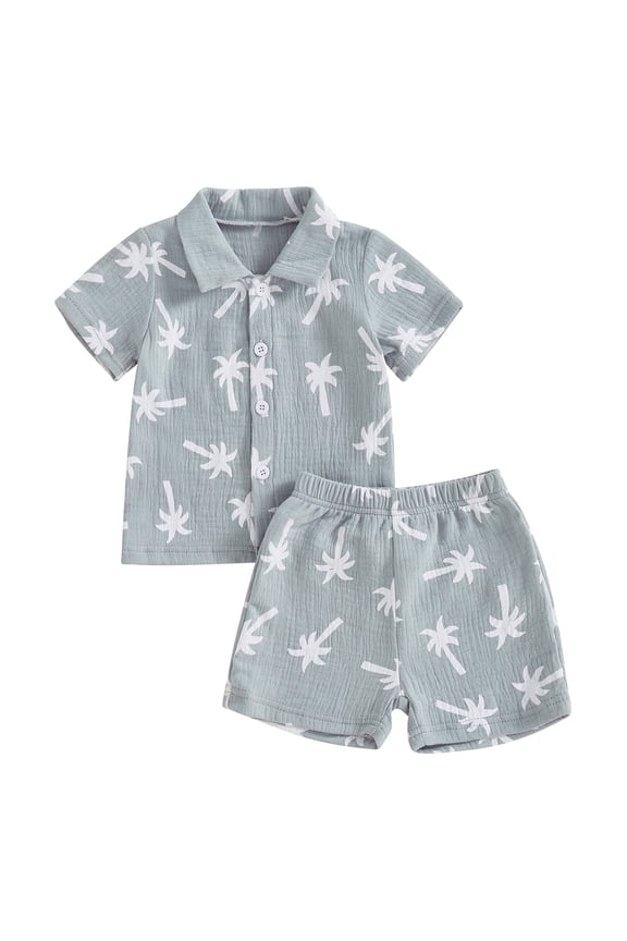 Baby Boys Summer Outfits Palm Tree Print Button up Short Sleeves T-Shirt and Elastic Shorts Set for 2 Piece Clothes Set 6 12 18 24 Months 3 4 Years