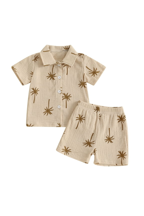 Baby Boys Summer Outfits Palm Tree Print Button up Short Sleeves T-Shirt and Elastic Shorts Set for 2 Piece Clothes Set 6 12 18 24 Months 3 4 Years