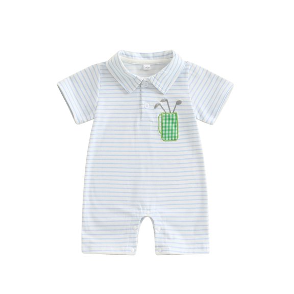 Qmyliery Baby Boys Summer Striped Jumpsuit Short Sleeve Turn Down Collar Button Up Golf Shaft Embroidery Romper 3 6 12 18 Months