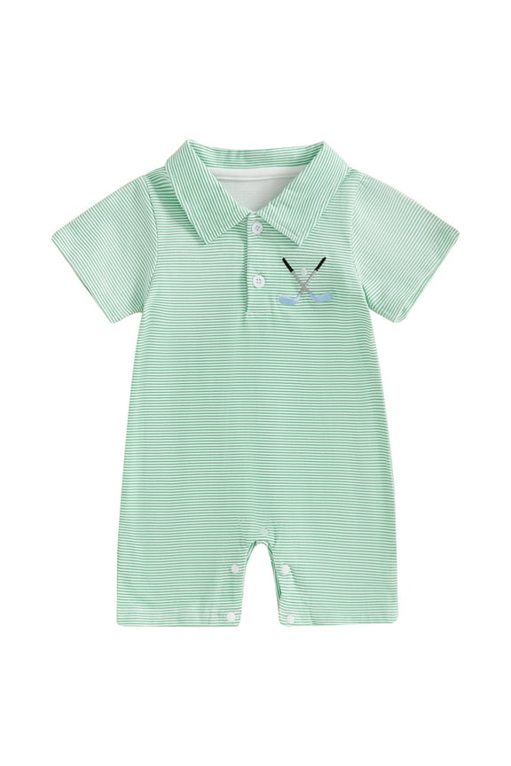 Baby Boys Summer Striped Jumpsuit Short Sleeve Turn Down Collar Button Up Golf Shaft Embroidery Romper 3 6 12 18 Months