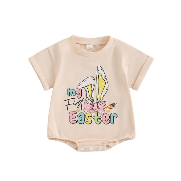 Qmyliery Baby Easter Romper Spring Short Sleeve Bunny Ears Letter Print Loose Bodysuit Newborn Playsuit 3 6 12 18 Months