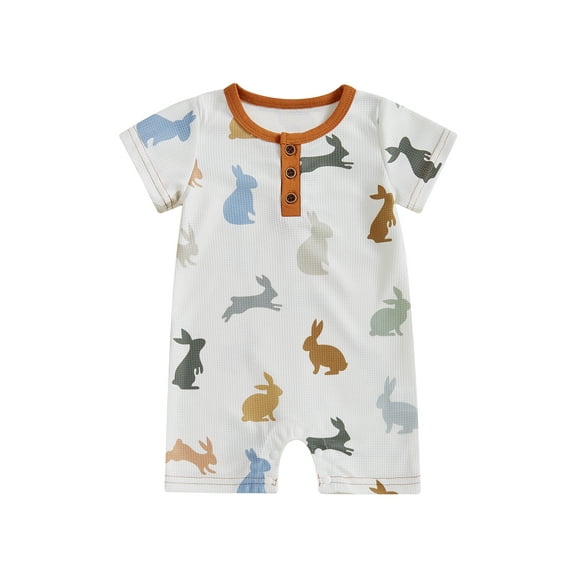 Qmyliery Baby Easter Romper Spring Short Sleeve Round Neck Bunny/Egg Print Jumpsuit Newborn Playsuit 3 6 12 18 Months