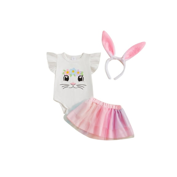 Qmyliery Baby Girl Easter Outfits Flutter Sleeve Bunny Print Romper with Mini Tulle Skirt and Rabbit Ear Headband 3 Pcs Set 3 6 9 12 18 Months