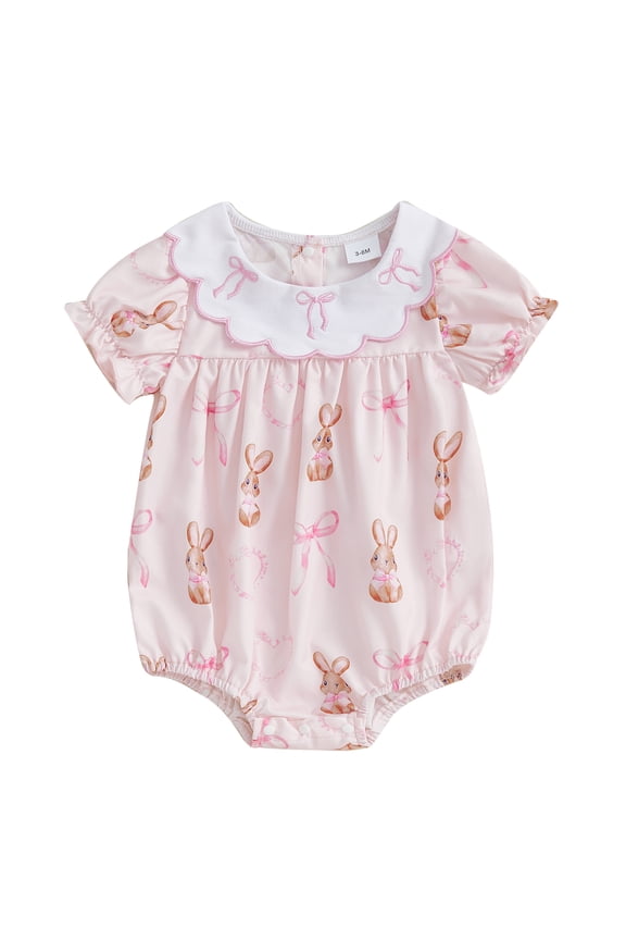 Baby Girl Easter Romper Rabbit Bow Doll Collar Ruffle Sleeve Bodysuit Cute Summer Clothes 3 6 12 18 Months