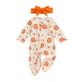 thumbnail image 1 of Qmyliery Baby Girl Halloween Outfit Pumpkin Bow Print Long Sleeve Footed Jumpsuit Headband 2 Piece Newborn Set, 1 of 9