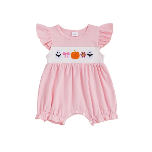 Qmyliery Baby Girl Halloween Romper Pumpkin Ghost Flower Bow Embroidered Crew Neck Flying Sleeve Jumpsuit for Fall