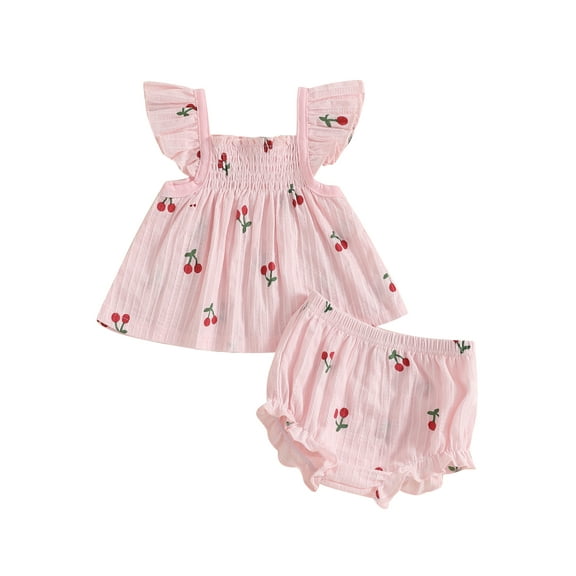 Qmyliery Baby Girl Shorts Set Cherry Print Smocked Fly Sleeve Babydoll Tops Elastic Waist Ruffle Shorts 2 Piece Summer Outfit 3 6 12 18 24 Months