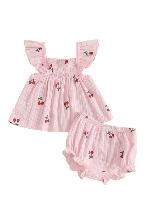 Baby Girl Shorts Set Cherry Print Smocked Fly Sleeve Babydoll Tops Elastic Waist Ruffle Shorts 2 Piece Summer Outfit 3 6 12 18 24 Months