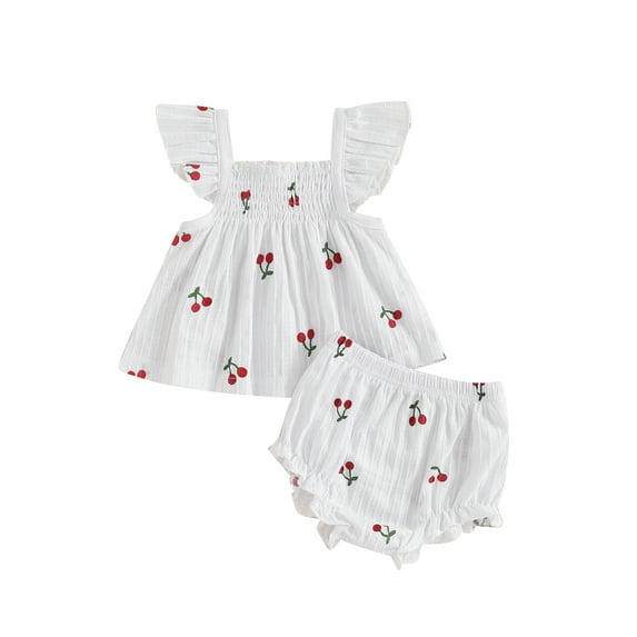 Qmyliery Baby Girl Shorts Set Cherry Print Smocked Fly Sleeve Babydoll Tops Elastic Waist Ruffle Shorts 2 Piece Summer Outfit 3 6 12 18 24 Months