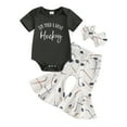 thumbnail image 1 of Qmyliery Baby Girl Summer Outfits Letter Print Short Sleeve Round Neck Romper + Ice Hockey Print Flare Pants + Headband 3 6 12 18 Months, 1 of 9