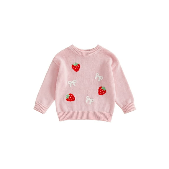 Qmyliery Baby Girl Sweater Long Sleeve Crew Neck Strawberry Bow Embroidery Knit Tops Newborn Pullover