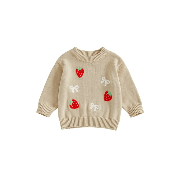 Qmyliery Baby Girl Sweater Long Sleeve Crew Neck Strawberry Bow Embroidery Knit Tops Newborn Pullover